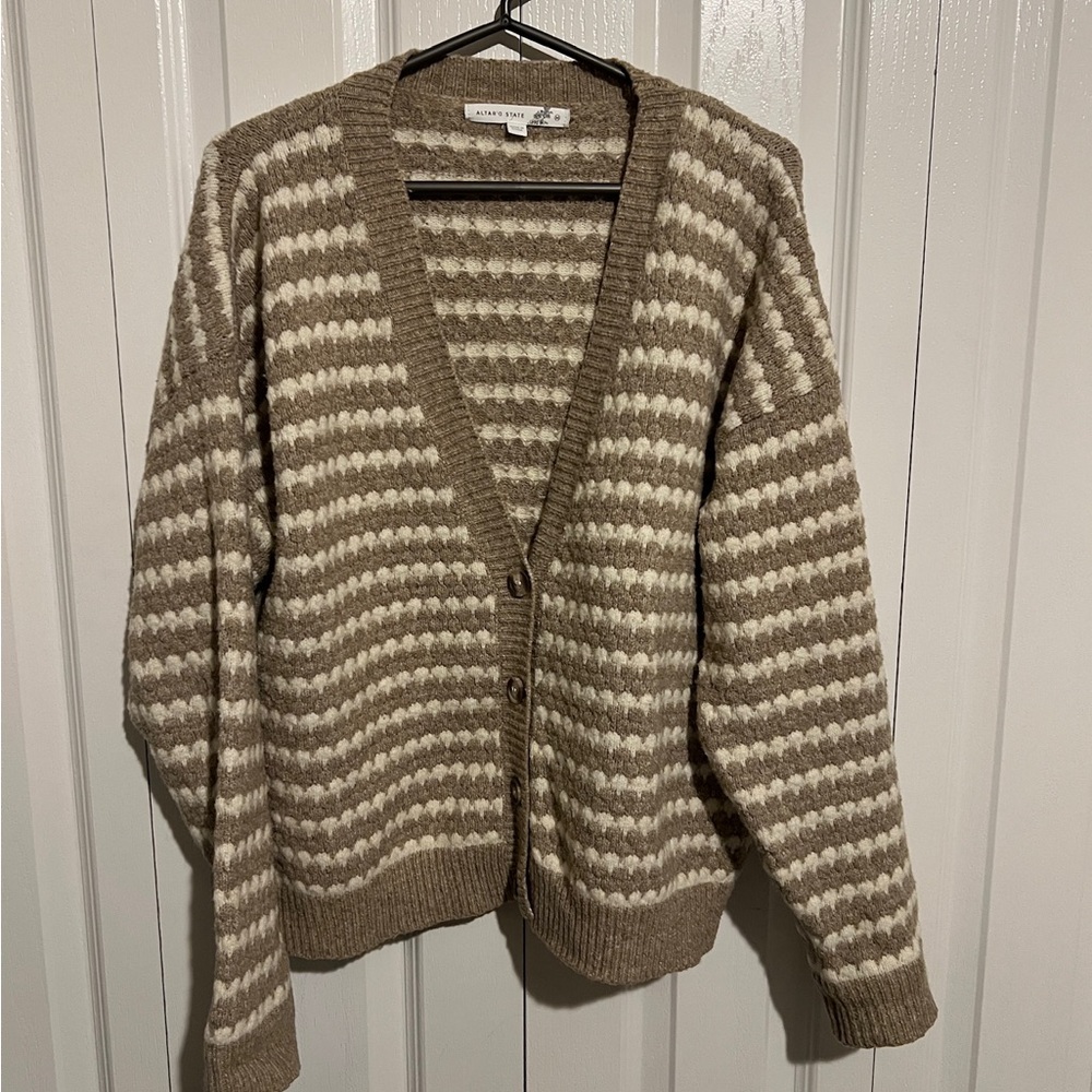 Altar'd State Cream and Taupe Striped Knit Cardigan
